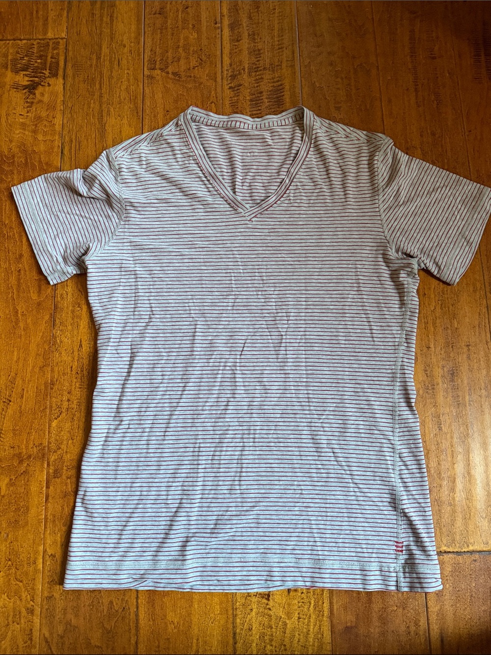 Lululemon V-Neck Short Sleeve Tee - Light Gray with thin red Stripes.